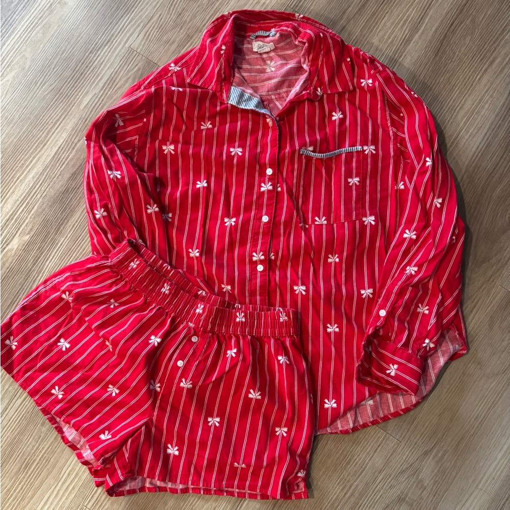 AERIE Red Striped Pajama Set with White Bow Print, EUC